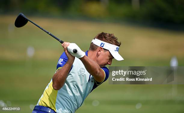 Ian Poulter of England on the driving range during a practice round prior to the Deutsche Bank Championship at TPC Boston on September 2, 2015 in...