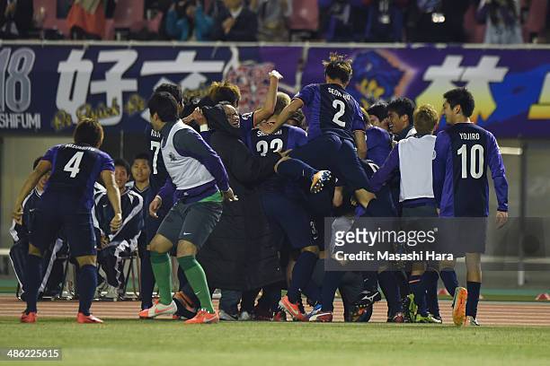 Sanfrecce Hiroshima players celebrate the first goal during the AFC Champions League Group F match between Sanfrecce Hiroshima and Central Coast...