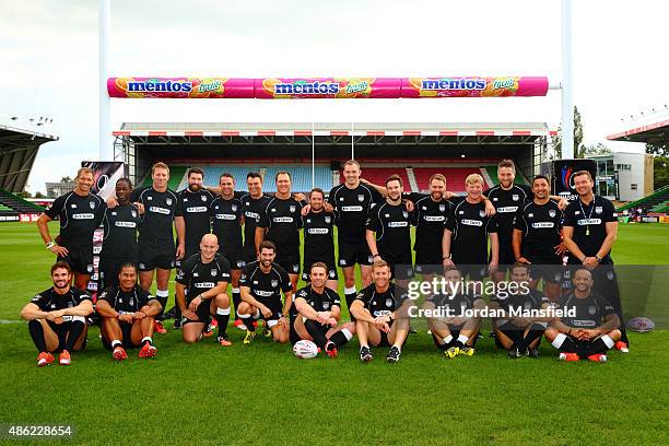 The Rest of the World team pose for a photo during the Rugby Aid 2015 celebrity rugby match media session at Twickenham Stoop on September 2, 2015 in...