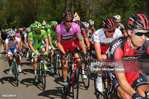 Daniel Oss of Italy and BMC Racing Team and wearer of the Fucsea leaders jersey during stage two of the Giro del Trentino from Limone sul Garda to...