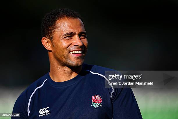 Jason Robinson MBE looks on during the Rugby Aid 2015 celebrity rugby match media session at Twickenham Stoop on September 2, 2015 in London, England.