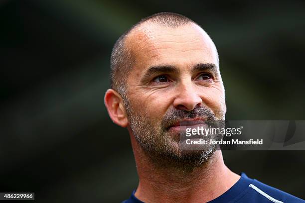 Dancer Louie Spence looks on during the Rugby Aid 2015 celebrity rugby match media session at Twickenham Stoop on September 2, 2015 in London,...