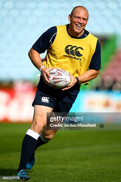 Mike Tindall MBE in action during the Rugby Aid 2015 celebrity rugby match media session at Twickenham Stoop on September 2, 2015 in London, England.