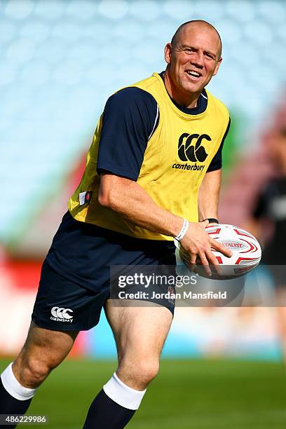 Mike Tindall MBE in action during the Rugby Aid 2015 celebrity rugby match media session at Twickenham Stoop on September 2, 2015 in London, England.