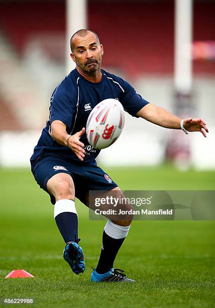 Dancer Louie Spence in action during the Rugby Aid 2015 celebrity rugby match media session at Twickenham Stoop on September 2, 2015 in London,...