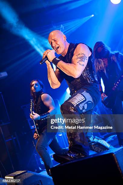 Magnus Karlsson, Ralf Scheepers and Mat Sinner of German power metal group Primal Fear performing live on stage at Hard Rock Hell VI : A Fistful Of...