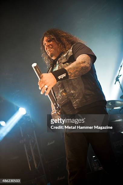 Frontman Chuck Billy of American thrash metal group Testament performing live on stage at Hard Rock Hell VI : A Fistful Of Rock, on December 1, 2012.