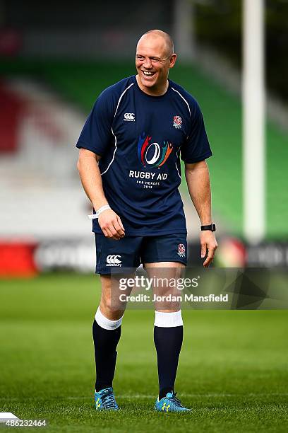 Mike Tindall MBE in action during the Rugby Aid 2015 celebrity rugby match media session at Twickenham Stoop on September 2, 2015 in London, England.