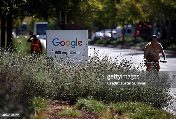 The new Google logo is displayed on a sign outside of the Google headquarters on September 2, 2015 in Mountain View, California. Google has made the...