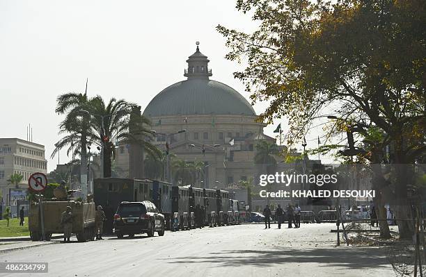 Egyptian army and riot police stand guard outside Cairo University in the capital Cairo on April 23, 2014. Student backers of Egypt's ousted Islamist...