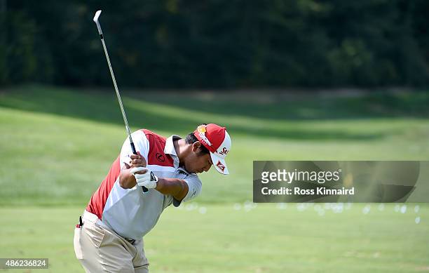 Hideki Matsuyama of Japan on the practice ground during a practice session prior to the Deutsche Bank Championship at TPC Boston on September 2, 2015...