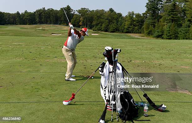 Hideki Matsuyama of Japan on the practice ground during a practice session prior to the Deutsche Bank Championship at TPC Boston on September 2, 2015...
