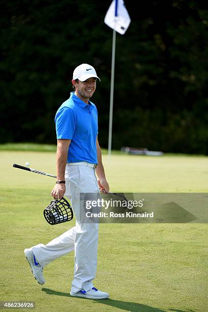 Rory McIlroy of Northern Ireland on the practice ground prior to the Deutsche Bank Championship at TPC Boston on September 2, 2015 in Norton,...