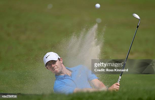 Rory McIlroy of Northern Ireland on the practice ground prior to the Deutsche Bank Championship at TPC Boston on September 2, 2015 in Norton,...