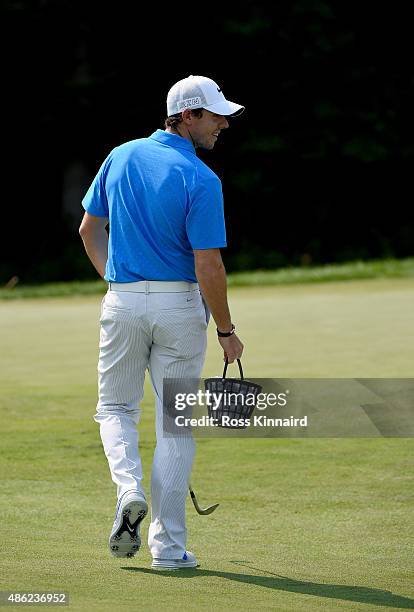 Rory McIlroy of Northern Ireland on the practice ground prior to the Deutsche Bank Championship at TPC Boston on September 2, 2015 in Norton,...