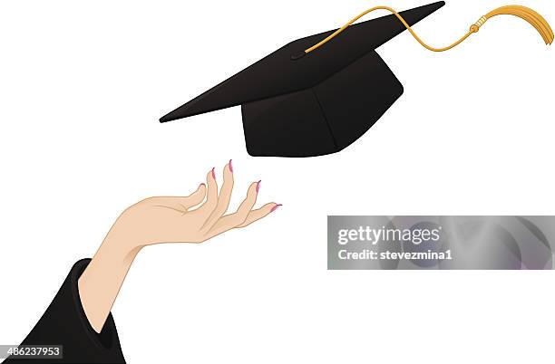 grad hat and hand - graduation cap throw stock illustrations