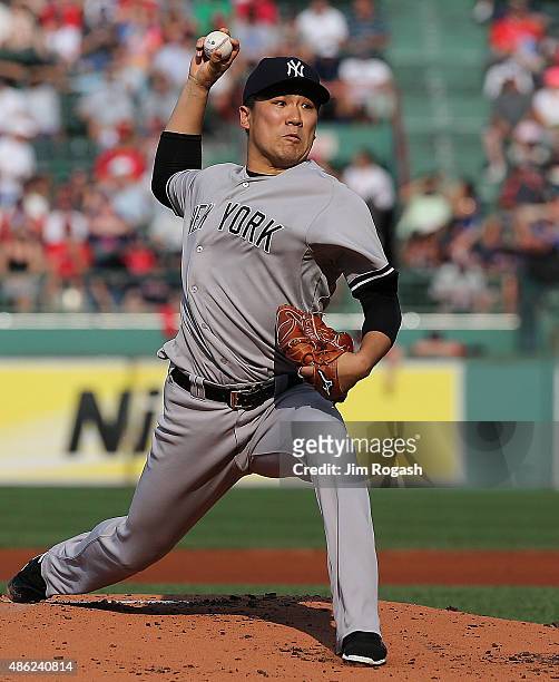 Masahiro Tanaka of the New York Yankees throws in the first inning against he Boston Red Sox at Fenway Park on September 2, 2015 in Boston,...