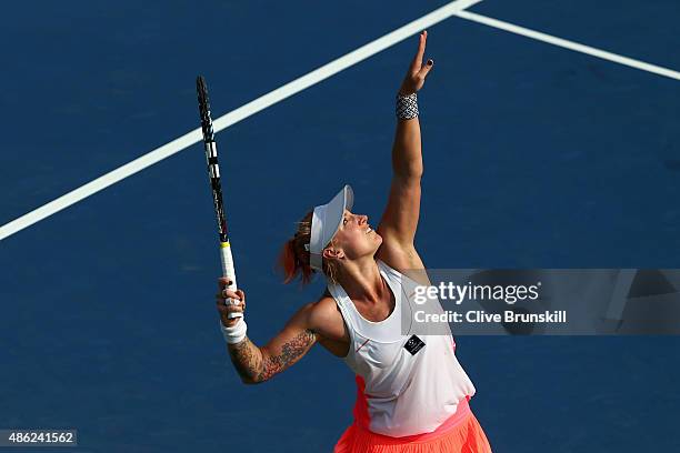 Bethanie Mattek-Sands of the United States serves against Coco Vandeweghe of the United States during their Women's Singles Second Round match on Day...