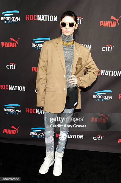 Claire Elise Boucher, Grimes attends the Roc Nation Grammy Brunch 2015 on February 7, 2015 in Beverly Hills, California.