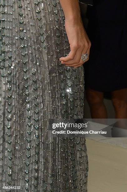 Hostess Elisa Sednaoui, dress detail, attends the opening dinner during the 72nd Venice Film Festival on September 2, 2015 in Venice, Italy.