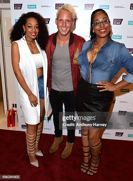 Imani Evans, Jamie Laing and Sue Evans attend the Vlog Star launch party at The Ivy on September 2, 2015 in London, England.