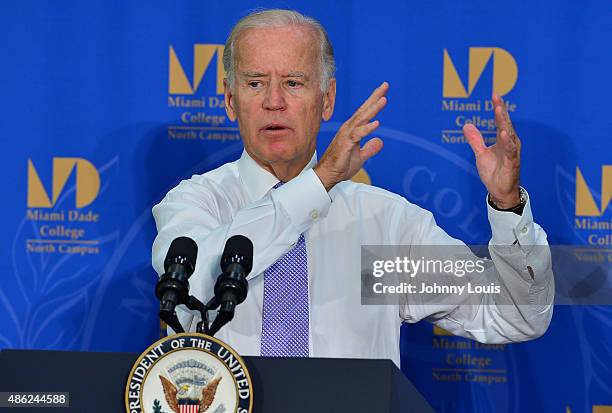 Vice President Joe Biden speaks at the Miami Dade College on the importance of helping more Americans go to college on September 2, 2015 in Miami,...