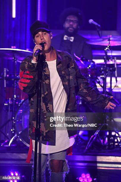 Justin Bieber Visits "The Tonight Show Starring Jimmy Fallon" at Rockefeller Center on September 2, 2015 in New York City.