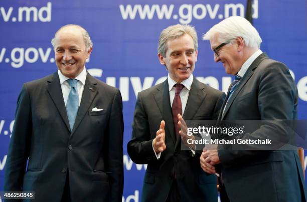 French Foreign Minister Laurent Fabius, Prime Minister of Moldavia Iurie Leanca and German Foreign Minister Frank-Walter Steinmeier attend a press...