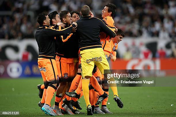 Marciel of Corinthians celebrates scoring the first goal with his team during the match between Corinthians and Fluminense for the Brazilian Series A...