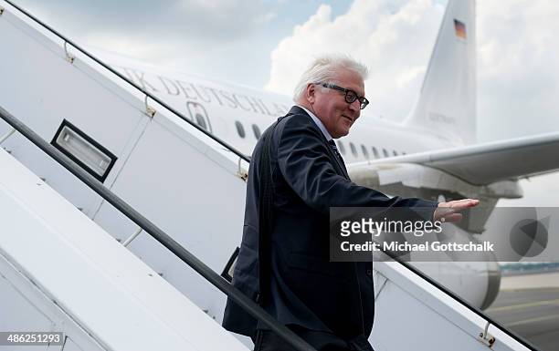 German Foreign Minister Frank-Walter Steinmeier boards his flight to Chisinau on April 23, 2014 in Berlin, Germany. German foreign minister...