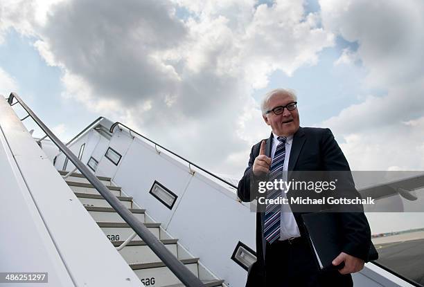 German Foreign Minister Frank-Walter Steinmeier boards his flight to Chisinau on April 23, 2014 in Berlin, Germany. German foreign minister...