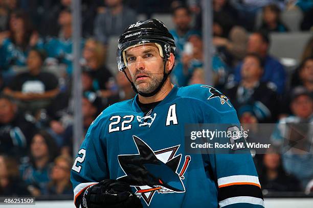 Dan Boyle of the San Jose Sharks during a break in play against the Colorado Avalanche at SAP Center on April 11, 2014 in San Jose, California.