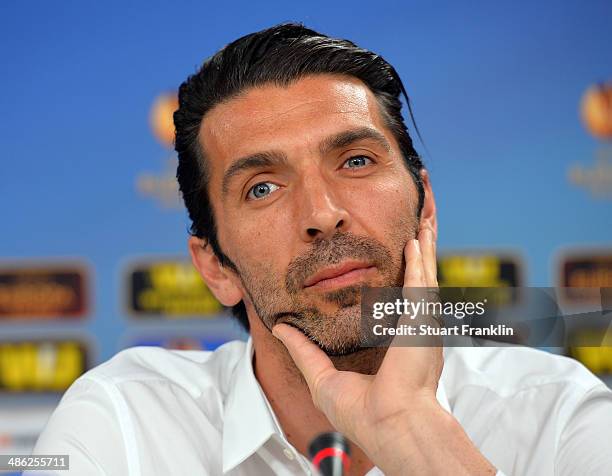 Gianluigi Buffon of Juventus talks with the media during the press conference of SL Benfica prior to the UEFA Europa League semi final match between...