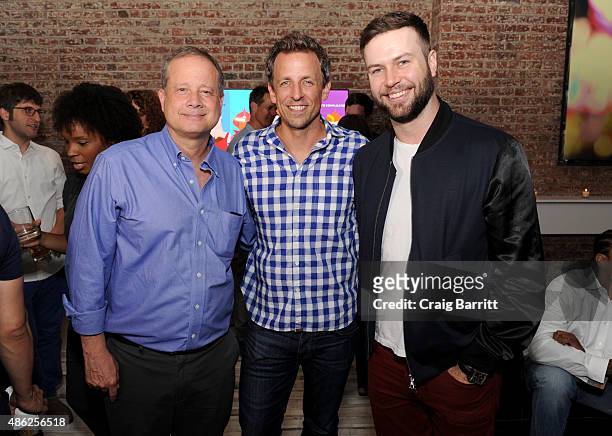 Michael Shoemaker, Seth Meyers and Taran Killam attend "The Awesomes" Season 3 Premiere Party & Screening at Microsoft Lounge on September 2, 2015 in...