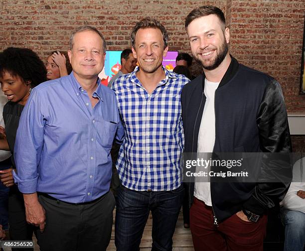 Michael Shoemaker, Seth Meyers and Taran Killam attend "The Awesomes" Season 3 Premiere Party & Screening at Microsoft Lounge on September 2, 2015 in...