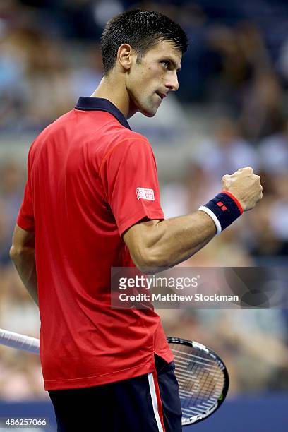 Novak Djokovic of Serbia celebrates winning the first set against Andreas Haider-Maurer of Austria during their Men's Singles Second Round match on...
