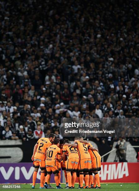 The team of Corinthians come together before the match between Corinthians and Fluminense for the Brazilian Series A 2015 at Arena Corinthians on...