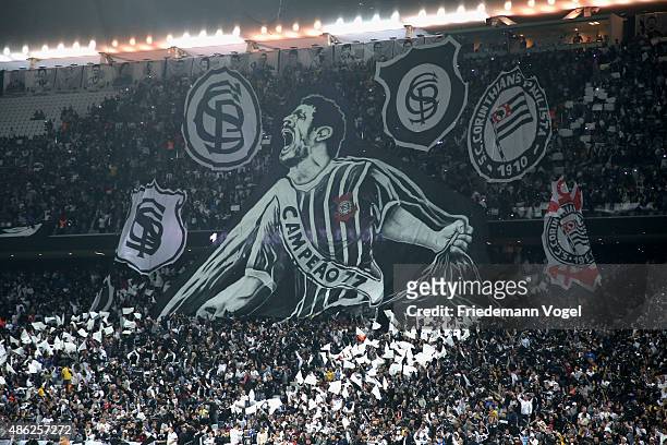 Fans of Corinthians celebrates the 105 birthday during the match between Corinthians and Fluminense for the Brazilian Series A 2015 at Arena...