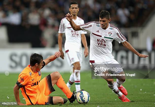 Marciel of Corinthians fights for the ball with Edson of Fluminense during the match between Corinthians and Fluminense for the Brazilian Series A...