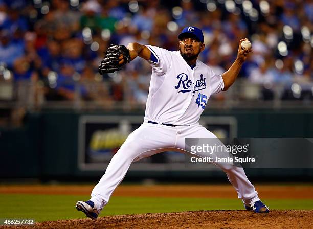 Pitcher Franklin Morales of the Kansas City Royals in action during the game against the Detroit Tigers at Kauffman Stadium on September 2, 2015 in...