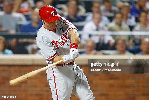 Erik Kratz of the Philadelphia Phillies in action against the New York Mets at Citi Field on September 2, 2015 in the Flushing neighborhood of the...