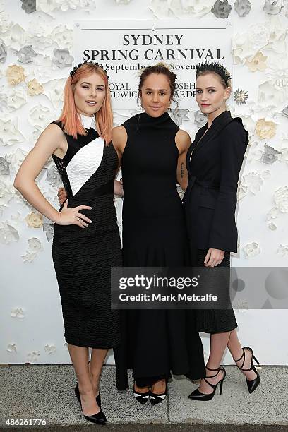 Carissa Walford, Pip Edwards and Anna Bamford pose during the 2015 Sydney Spring Carnival launch at Royal Randwick Racecourse on September 3, 2015 in...