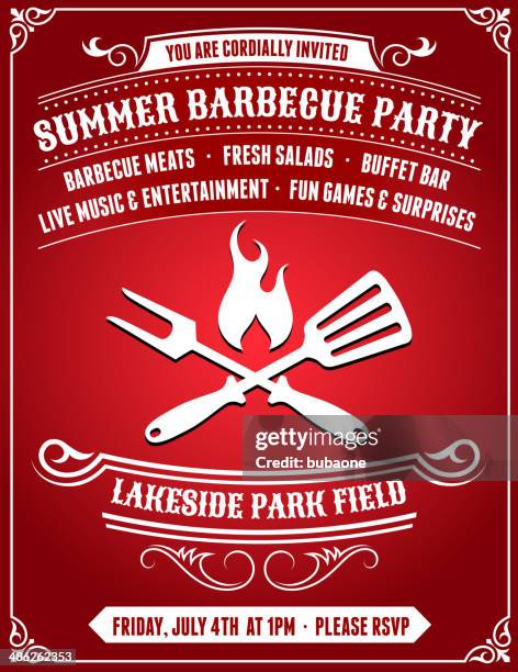 american 4th of july barbecue-party auf roten backgroundg - bbq chicken stock-grafiken, -clipart, -cartoons und -symbole