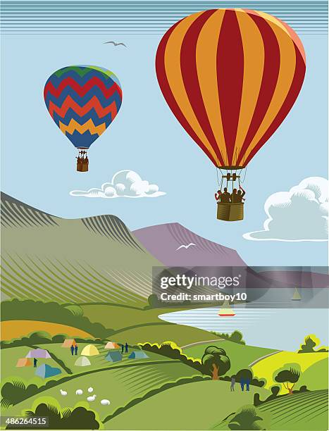 stockillustraties, clipart, cartoons en iconen met hot air balloons over countryside - water glide