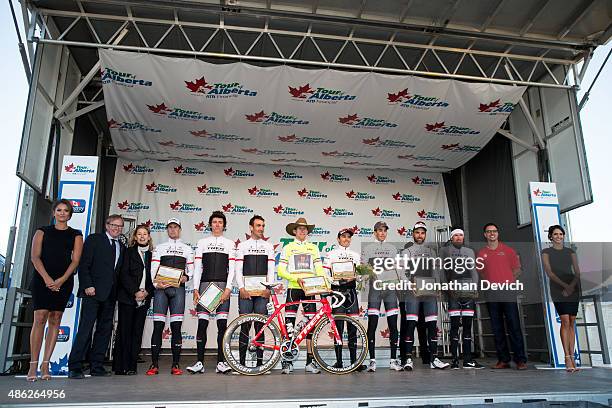 The Trek Factory Racing Team on the podium for winning stage 1 of the Tour of Alberta on September 2, 2015 in Grande Prairie, Alberta, Canada.