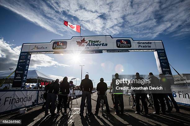 Riders are held on the start line for the start of the team time trial during stage 1 of the Tour of Alberta on September 2, 2015 in Grande Prairie,...