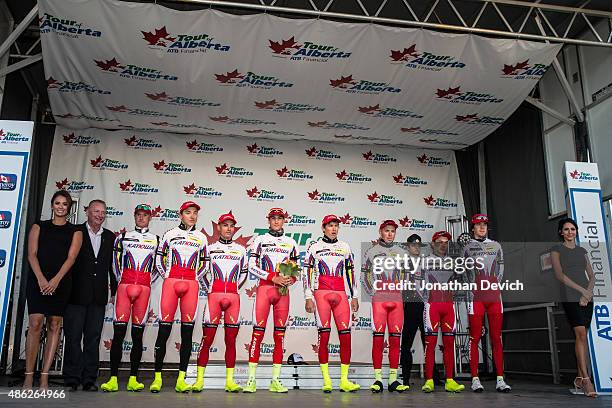 Team Katyusha is presented on the podium for taking third place in the team time trial during stage 1 of the Tour of Alberta on September 2, 2015 in...