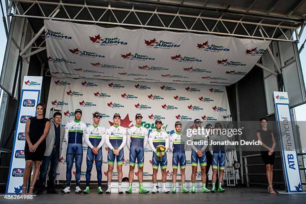 The Orica-Greenedge team on the podium for taking second place on stage 1 of the Tour of Alberta on September 2, 2015 in Grande Prairie, Alberta,...