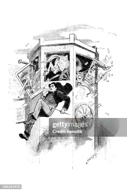 flying out the window - broken window stock illustrations