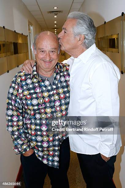 Singer Michel Jonasz and Main guest of the show, Actor Pierre Arditi attend the 'Vivement Dimanche' French TV Show. Held at Pavillon Gabriel on...